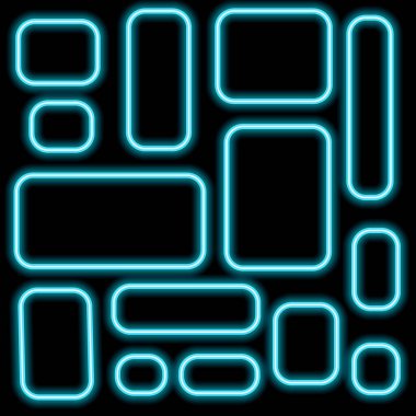 Şeffaf bir arkaplanda kare neon ışığı kümesi. Neon çerçeve tasarımı. Vektör illüstrasyonu.