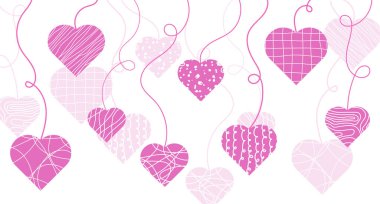 Sevimli el çizimi karalamalar kalpler yatay, pürüzsüz desen, romantik arka plan. Sevimli el çizimi kalplerle donatılmış bir arka plan. Anneler Günü ve Kadınlar Günü. Vektör illüstrasyonu
