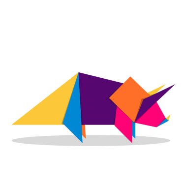 Dinozor origamisi. Soyut renkli canlı dinozor logosu tasarımı. Hayvan origamisi. Vektör illüstrasyonu