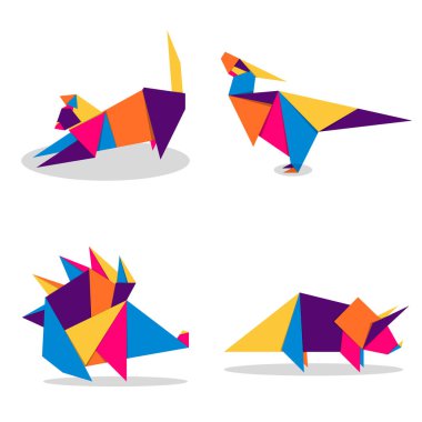 Hayvanların origamisini ayarla. Hayvan origami vektörü. Soyut hayvan logosu tasarımı. Hayvan origamisi. Vektör illüstrasyonu