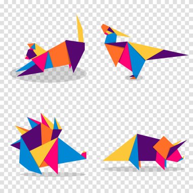 Hayvanların origamisini ayarla. Hayvan origami vektörü. Soyut hayvan logosu tasarımı. Hayvan origamisi. Vektör illüstrasyonu