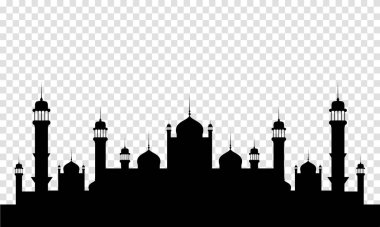 Müslüman cami silueti simgesi. Karanlık cami silueti arka planı. Vektör illüstrasyonu