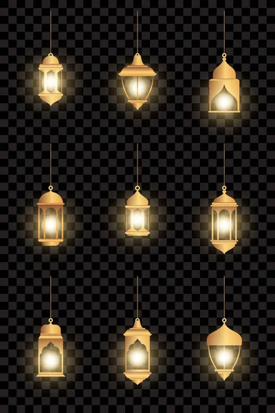 Lámparas Orientales Las Linternas Árabes Cuelgan Cadenas Oro Iluminación Decorativa — Vector de stock