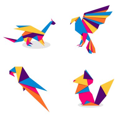 Hayvan origami koleksiyonu. Hayvan origami vektörü. Soyut hayvan logosu tasarımı. Hayvan origamisi. Vektör illüstrasyonu