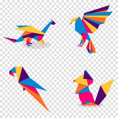 Hayvan origami koleksiyonu. Hayvan origami vektörü. Soyut hayvan logosu tasarımı. Hayvan origamisi. Vektör illüstrasyonu