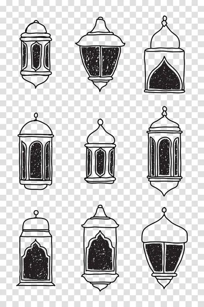 Conjunto Coleção Ícones Símbolo Lanterna Árabe Islâmica Linha Conjunto Lanternas — Vetor de Stock