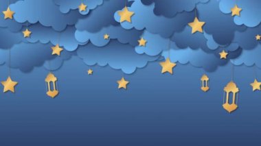 Ramazan Kareem Arkaplanı. Yıldızlı ve fenerli Ramazan kareemi. Mum fenerleri ve yıldızlarla Ramazan Kareem 'in arka planı. Canlandırılmış resimleme