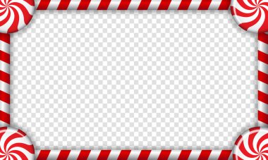 Kırmızı ve beyaz çizgili lolipop desenli dikdörtgen şeker kamışı çerçevesi. Vektör illüstrasyonu