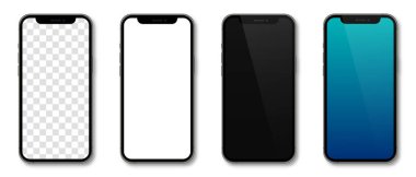 Saydam ekranlı gerçekçi modeller akıllı telefon. Akıllı telefon model koleksiyonu. Aygıt ön görünümü. Gölgeli üç boyutlu cep telefonu. Vektör illüstrasyonu