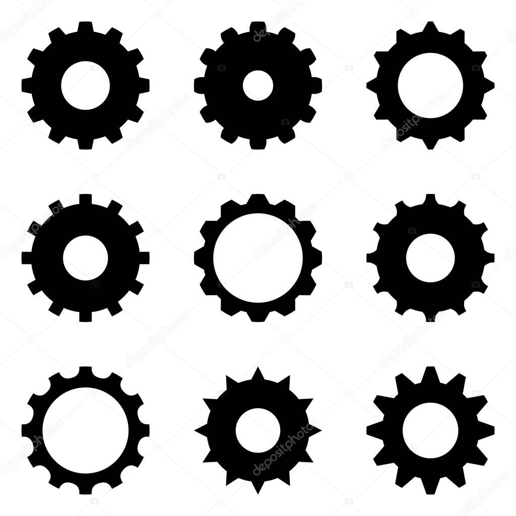 Gear set. Black gear wheel icons. Vector illustration