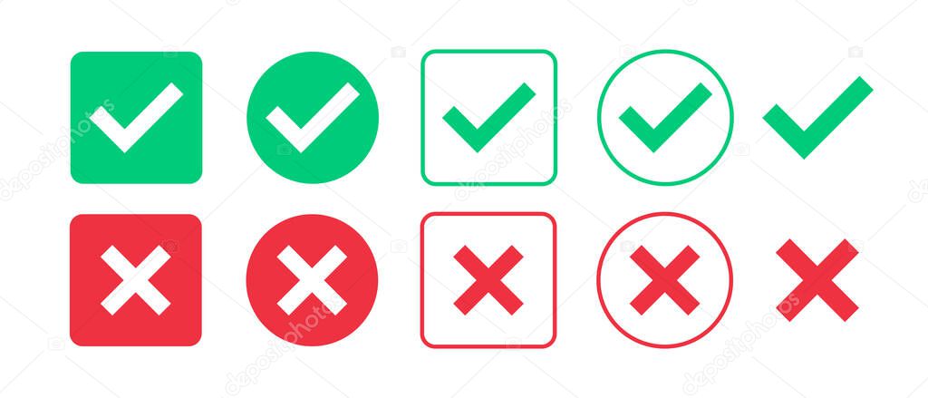 Green check mark and red cross mark icon set. Isolated tick symbols. Checklist signs. Approval badge. Flat and modern checkmark design. Vector illustration