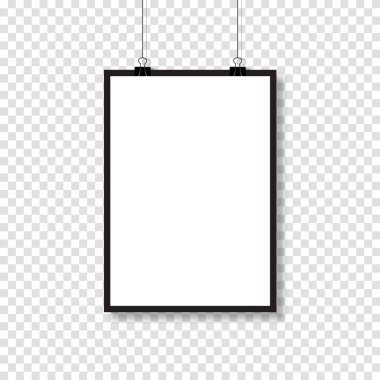 Şarjörde asılı gerçekçi boş bir kağıt. Model şablonu. Gölgeli boş bir sayfa. Vektör illüstrasyonu