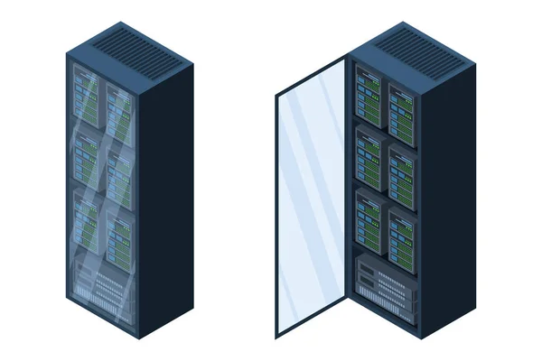 アイソメトリックサーバー データストレージ 3Dコンピュータ機器 保管データベース 装置サーバーネットワーク ビッグデータイラスト — ストックベクタ
