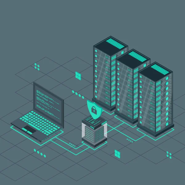 Technology Isometric Design Quantum Computer Blockchain Server Concept Server Room — Vector de stock