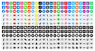 Popüler sosyal medya simgelerini ayarla. Facebook, instagram, twitter, youtube, pinterest, behance, google, linkedin, Whatsap, snapchat ve dahası. Editoryal vektör illüstrasyonu