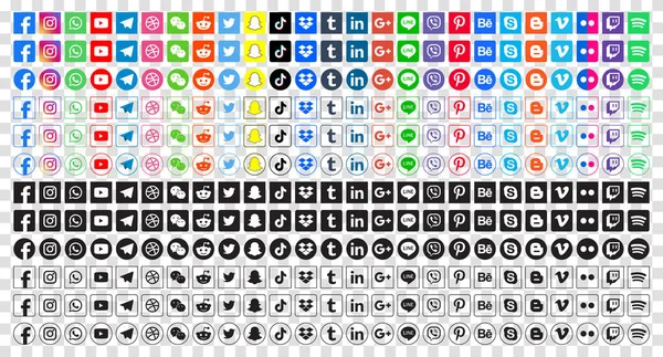 Popüler sosyal medya simgelerini ayarla. Facebook, instagram, twitter, youtube, pinterest, behance, google, linkedin, Whatsap, snapchat ve dahası. Editoryal vektör illüstrasyonu