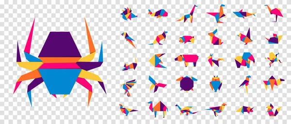 Kolorowe Zwierzęta Origami Abstrakcyjne Wielokąty Składane Kształty Papieru Wektorowe Ikony — Wektor stockowy