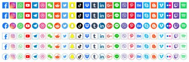 Popüler sosyal medya simgelerini ayarla. Facebook, instagram, twitter, youtube, pinterest, behance, google, linkedin, Whatsap, snapchat ve dahası. Editoryal vektör illüstrasyonu