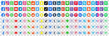 Popüler sosyal medya simgelerini ayarla. Facebook, instagram, twitter, youtube, pinterest, behance, google, linkedin, Whatsap, snapchat ve dahası. Editoryal vektör illüstrasyonu