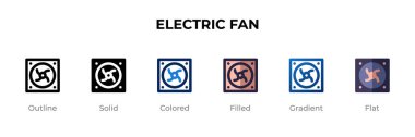 Electric Fan 'in farklı bir tarzı var. Taslak, katı, renkli, dolgun, gradyan ve düz stil olarak tasarlanmış Electric Fan vektör simgeleri. Sembol, logo çizimi. Vektör illüstrasyonu