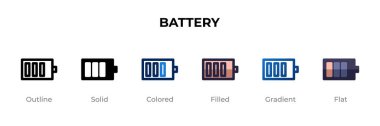 Batarya ikonu farklı bir stilde. Batarya vektör simgeleri tasarım, katı, renkli, doldurulmuş, gradyan ve düz stil. Sembol, logo çizimi. Vektör illüstrasyonu