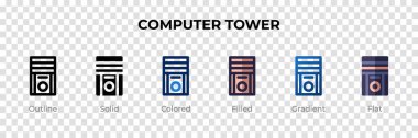 Bilgisayar Kulesi simgesi farklı bir stilde. Bilgisayar Kulesi vektör simgeleri ana hatlarıyla dizayn edildi, katı, renkli, dolgun, gradyan ve düz stil. Sembol, logo çizimi. Vektör illüstrasyonu