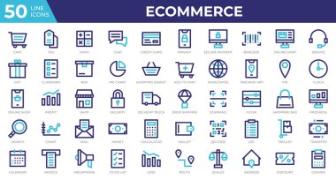 Renkli çizgi şeklinde 50 adet Etrade web simgesi. Kredi kartı, kâr, fatura. Renkli taslak simge koleksiyonu. Vektör illüstrasyonu