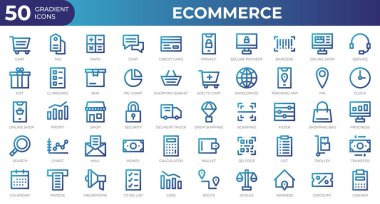 Gradyan tarzında 50 adet Etrade web simgesi. Kredi kartı, kâr, fatura. Gradyan simge koleksiyonu. Vektör illüstrasyonu