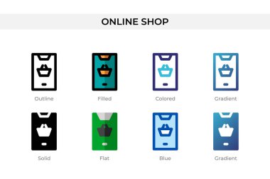 Online Shop ikonu farklı stilde. Çevrimiçi Shop vektör simgeleri ana hatlarıyla tasarlandı, katı, renkli, dolgun, gradyan ve düz stil. Sembol, logo çizimi. Vektör illüstrasyonu