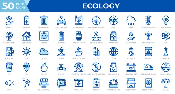 Set Ecology Web Icons Line Blue Style Recycling Biology Renewable — Vector de stock