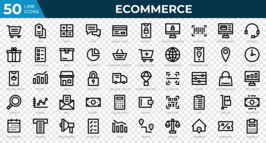 50 tane Etrade web simgesinden oluşan bir set. Kredi kartı, kâr, fatura. Taslak simge koleksiyonu. Vektör illüstrasyonu