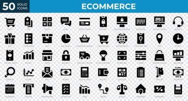 50 Etrade web simgesinden oluşan bir set. Kredi kartı, el arabası, fatura. Katı simge koleksiyonu. Vektör illüstrasyonu