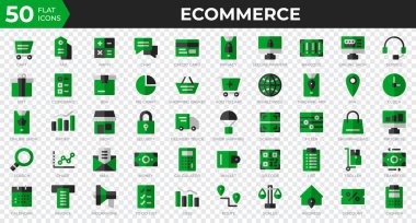 Düz stil olarak 50 adet Etrade web simgesi. Kredi kartı, kâr, fatura. Düz simgeler koleksiyonu. Vektör illüstrasyonu