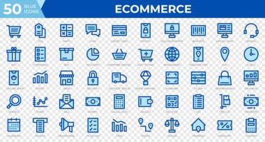 50 adet Etrade web simgesi mavi çizgide. Kredi kartı, kâr, fatura. Taslak simge koleksiyonu. Vektör illüstrasyonu