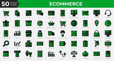 50 Etrade web simgesinden oluşan bir set. Kredi kartı, kâr, fatura. Taslak simge koleksiyonu dolduruldu. Vektör illüstrasyonu