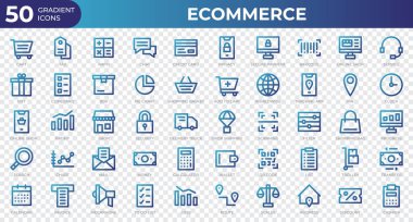 Gradyan tarzında 50 adet Etrade web simgesi. Kredi kartı, kâr, fatura. Gradyan simge koleksiyonu. Vektör illüstrasyonu
