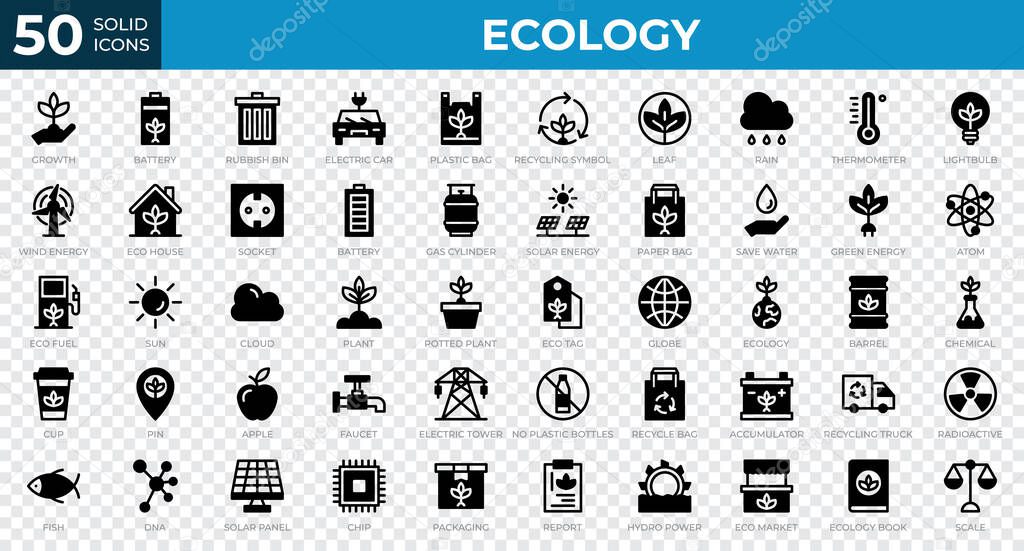 Set of 50 Ecology web icons in solid style. Recycling, biology, renewable energy. Solid icons collection. Vector illustration