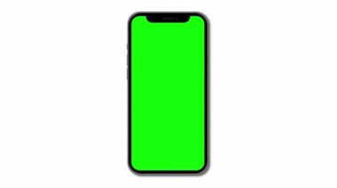 Yeşil ekranlı cep telefonu animasyon modeli. Beyaz arka planda izole edilmiş. Sunum için animasyon. Boş yeşil ekranlı cep telefonu modeli. 4K canlandırması