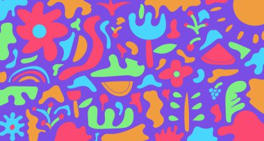 Renkli bebek deseni. Çiçekli yaz. Çocukça bir davranış. Elle çizilmiş soyut elementleri olan renkli desenli çocuklar. Vektör illüstrasyonu