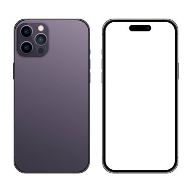 Iphone 14 profesyonel model. Mokup ekran iPhone ve arka taraf iPhone. İphone 14 gerçekçi vektör. Akıllı telefon maketi. Vektör illüstrasyonu