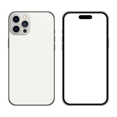 Iphone 14 profesyonel model. Mokup ekran iPhone ve arka taraf iPhone. İphone 14 gerçekçi vektör. Akıllı telefon maketi. Vektör illüstrasyonu