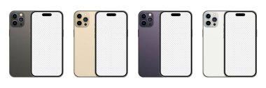 Iphone 14 profesyonel model (mor, siyah, altın, gümüş). İphone 14 gerçekçi vektör. Akıllı telefon maketi. Mokup ekran iPhone ve arka taraf iPhone. Cep telefonu modellemesi. Vektör illüstrasyonu