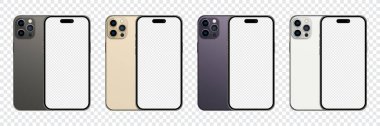 Iphone 14 profesyonel model (mor, siyah, altın, gümüş). İphone 14 gerçekçi vektör. Akıllı telefon maketi. Mokup ekran iPhone ve arka taraf iPhone. Cep telefonu modellemesi. Vektör illüstrasyonu