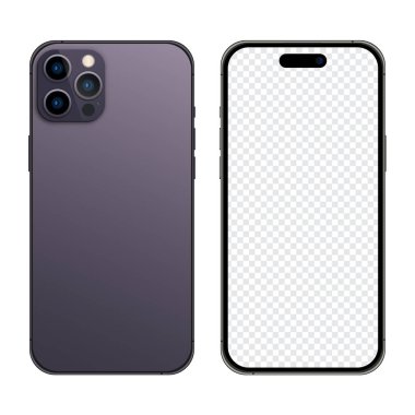 Iphone 14 profesyonel model. Mokup ekran iPhone ve arka taraf iPhone. İphone 14 gerçekçi vektör. Akıllı telefon maketi. Vektör illüstrasyonu