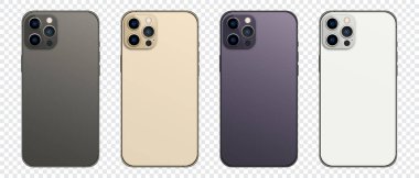 Iphone 14 profesyonel model (mor, siyah, altın, gümüş). İphone 14 gerçekçi vektör. Akıllı telefon maketi. Arka iPhone 'un maketi. Cep telefonu modellemesi. Vektör illüstrasyonu
