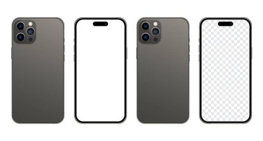 Iphone 14 profesyonel model. İphone 14 gerçekçi vektör. Akıllı telefon maketi. Mokup ekran iPhone ve arka taraf iPhone. Cep telefonu modellemesi. Gerçekçi cihaz modeli. Vektör illüstrasyonu