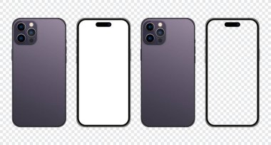 Iphone 14 profesyonel model. İphone 14 gerçekçi vektör. Akıllı telefon maketi. Mokup ekran iPhone ve arka taraf iPhone. Cep telefonu modellemesi. Gerçekçi cihaz modeli. Vektör illüstrasyonu