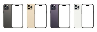 Iphone 14 profesyonel model (mor, siyah, altın, gümüş). İphone 14 gerçekçi vektör. Akıllı telefon maketi. Mokup ekran iPhone ve arka taraf iPhone. Cep telefonu modellemesi. Vektör illüstrasyonu