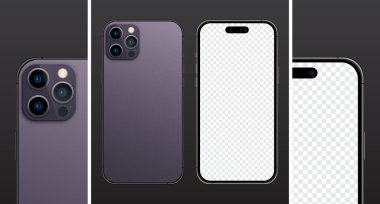 Iphone 14 profesyonel model. İphone 14 gerçekçi vektör. Akıllı telefon maketi. Mokup ekran iPhone ve arka taraf iPhone. Cep telefonu modellemesi. Gerçekçi cihaz modeli. Vektör illüstrasyonu