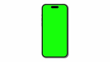 Yeşil ekranlı cep telefonu animasyon modeli. Beyaz arka planda izole edilmiş. Sunum için animasyon. Boş yeşil ekranlı cep telefonu modeli. 4K canlandırması